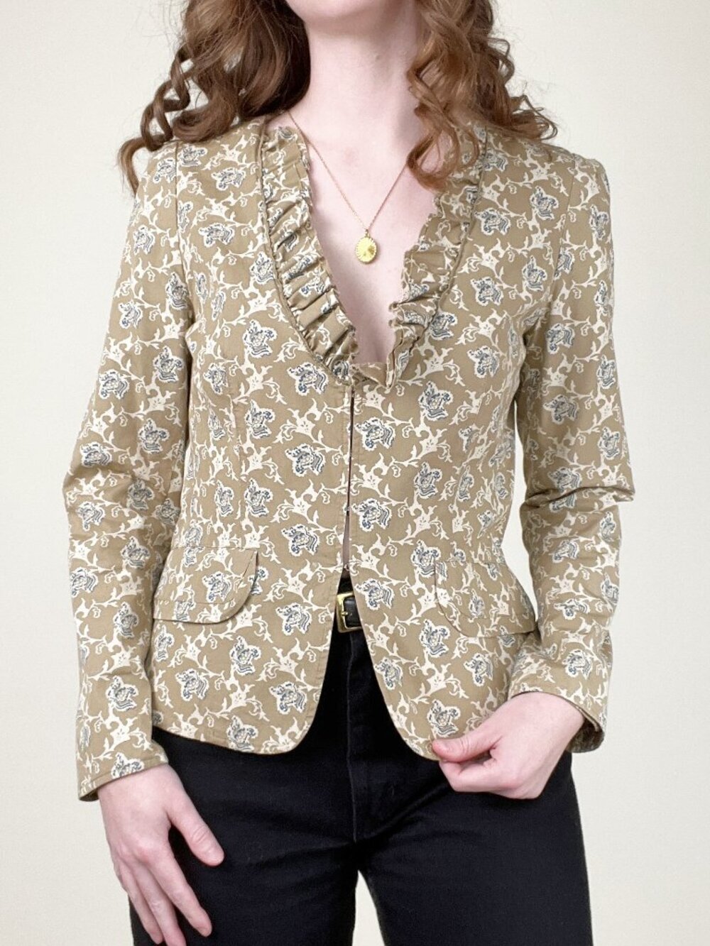 Vintage Y2K 100% Cotton Floral Blazer Ruffle Romantic Jacket Coat Preppy Classic